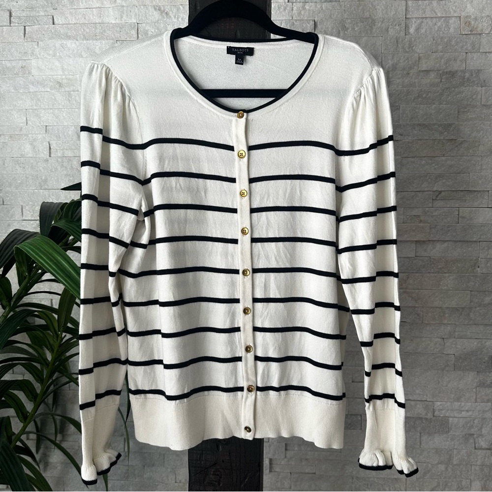TALBOTS Cream Black Cardigan Ruffle Wrist Hem Size LP